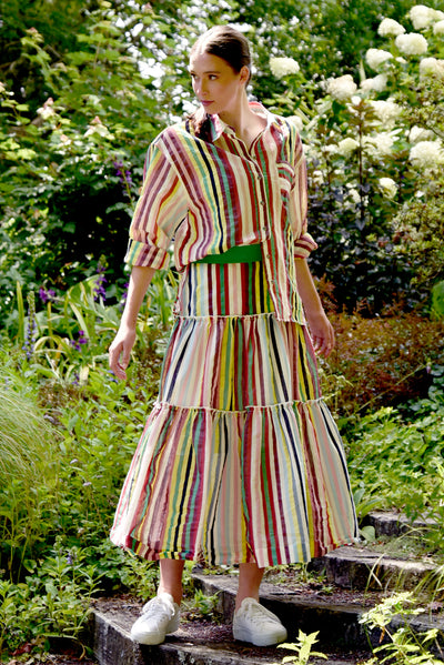 Right This Way Skirt in Rainbow’s End stripe print by Curate Trelise Cooper, linen cotton blend with gathered tiers and elasticated back waistband – Binny Bowe Boutique.