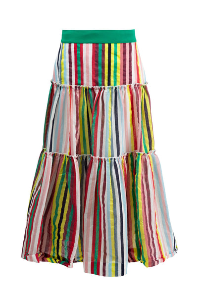 Flat lay of Right This Way Skirt Rainbow’s End stripe print by Curate Trelise Cooper, tiered linen cotton skirt.