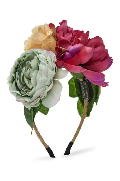 Rina Headpiece Purple Combo with crown of flowers on fitted headband – racewear and event headpiece
