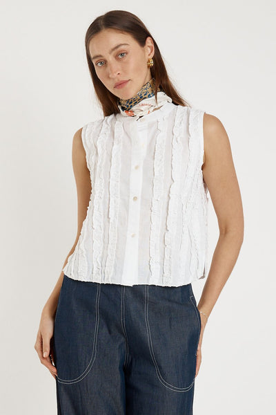 Rubyyaya Camargue Top in White – front view showing textured frill detail.