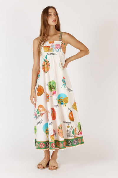 Model wearing Rubyyaya Down Under Sundress White with colourful animal print – Binny Bowe Boutique