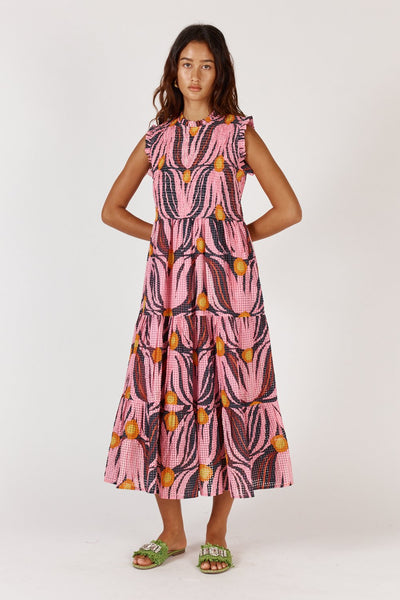 Tulip Midi Dress by Rubyyaya – front view, pink floral cotton midi dress