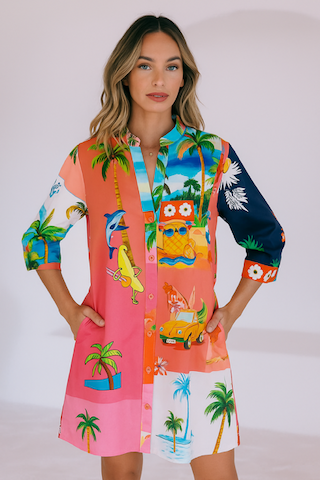 San Sabastian Dress Short made from viscose with vibrant tropical print.