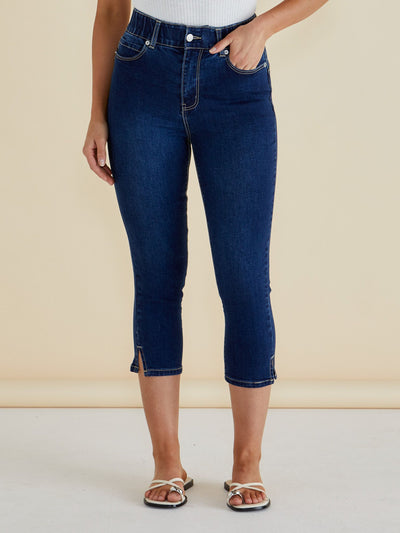 Woman wearing Sass Clothing Camila Crop Jeans Midnight Denim front close up view