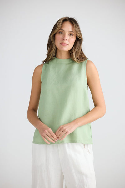 Front view of Shanty Adel Top in Sage Green – sleeveless linen-viscose top with high neckline, available at Binny Bowe Boutique.