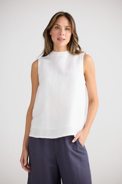 Front view of Shanty Adel Top White – sleeveless linen-viscose top with high neckline, available at Binny Bowe Boutique.