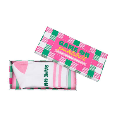 Pickleball Game On Socks gift box – pink and green check packaging from Annabel Trends