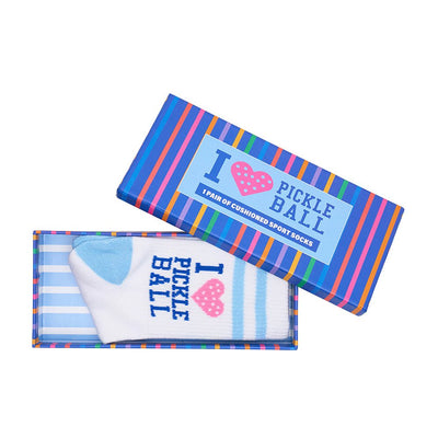 I Love Pickleball Socks gift box – blue striped packaging from Annabel Trends