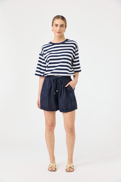 Studio Linen Shorts Navy front view styled with striped top – Eb&Ive