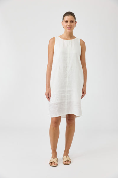 Studio Midi Dress Salt by Eb&Ive, front view of sleeveless white linen dress with crewneck, A-line silhouette, and midi length.