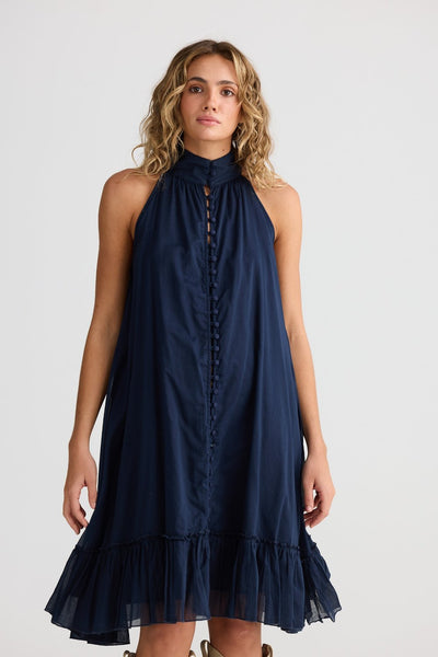 Talisman Tapas Dress Navy – sleeveless cotton dress with ruffled hem