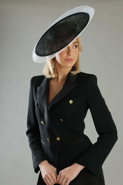 Model wearing Viviana Fascinator Black by Morgan & Taylor – race day headwear