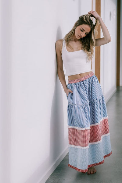 Whisky Bar Striped Skirt by Joop & Gypsy in blue and red stripes with tiered design