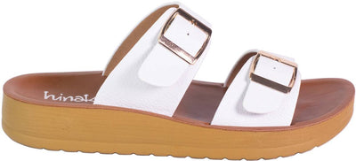 Yallingup White Leather Slide Sandal – Side profile showing pebbled leather straps and cushioned footbed